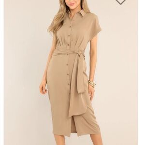 Working Together Tan Button Front Midi Dress